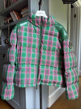 Moncler 2019 Chou Jacket Green and Pink Plaid Puffer size 2 like new